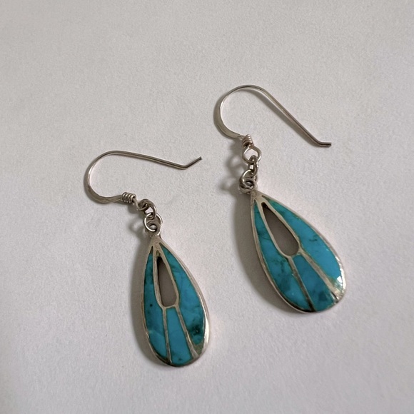 Southwest style turquoise inlay dangle earrings sterling 925 - Picture 3 of 7